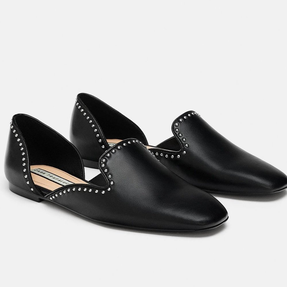 Zara Black Metal Studded Slip On Loafers Size 10
